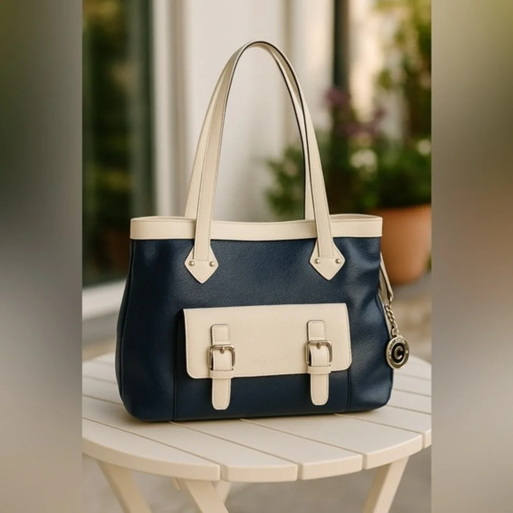 Navy & Cream Leather Satchel – Classic Buckle Detail Shoulder Tassel Bag GUC